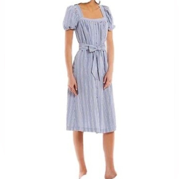 | Alex Marie Striped Puff Sleeve Dress Cottagecore Prairie Button Front Belted - Picture 1 of 8